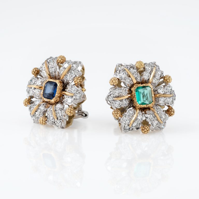 Gold Emerald Sapphire Diamond Earrings 01111