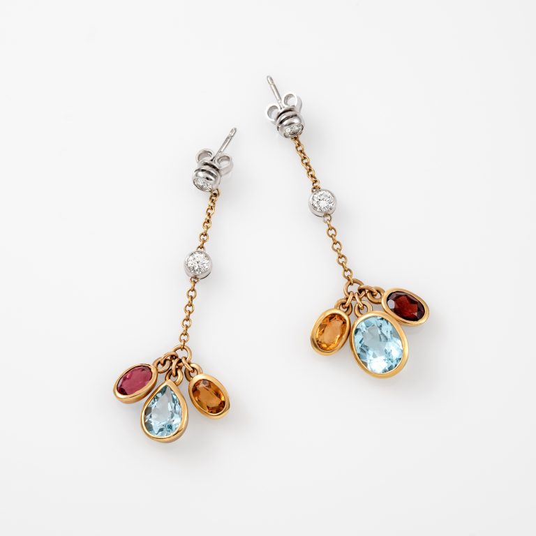 Gold Aquamarine Quartz Diamond Earrings 00857